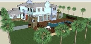 Architectural rendering, aerial view of a proposed coastal-style residence with pool deck, design concept only