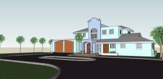 Architectural rendering of a proposed coastal-style residence with garage, design concept only
