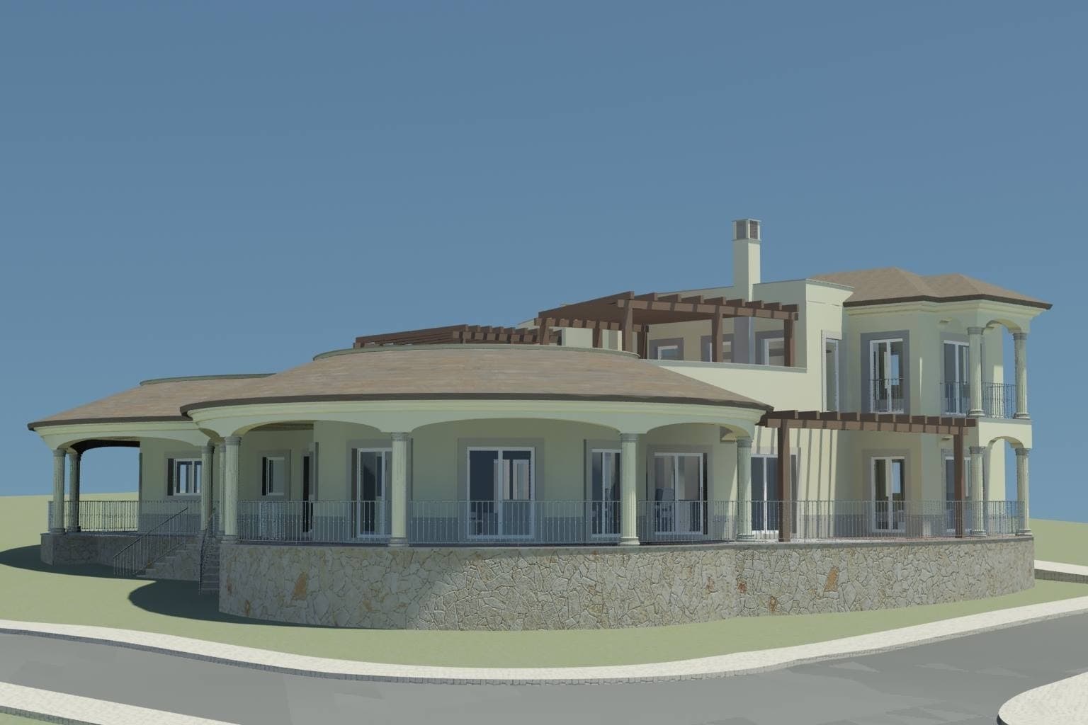 Architectural rendering, closer angle of a proposed colonial-style residence, design concept only