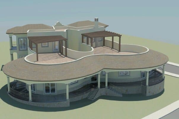 Architectural rendering of a proposed colonial-style residence with wraparound porch, design concept only