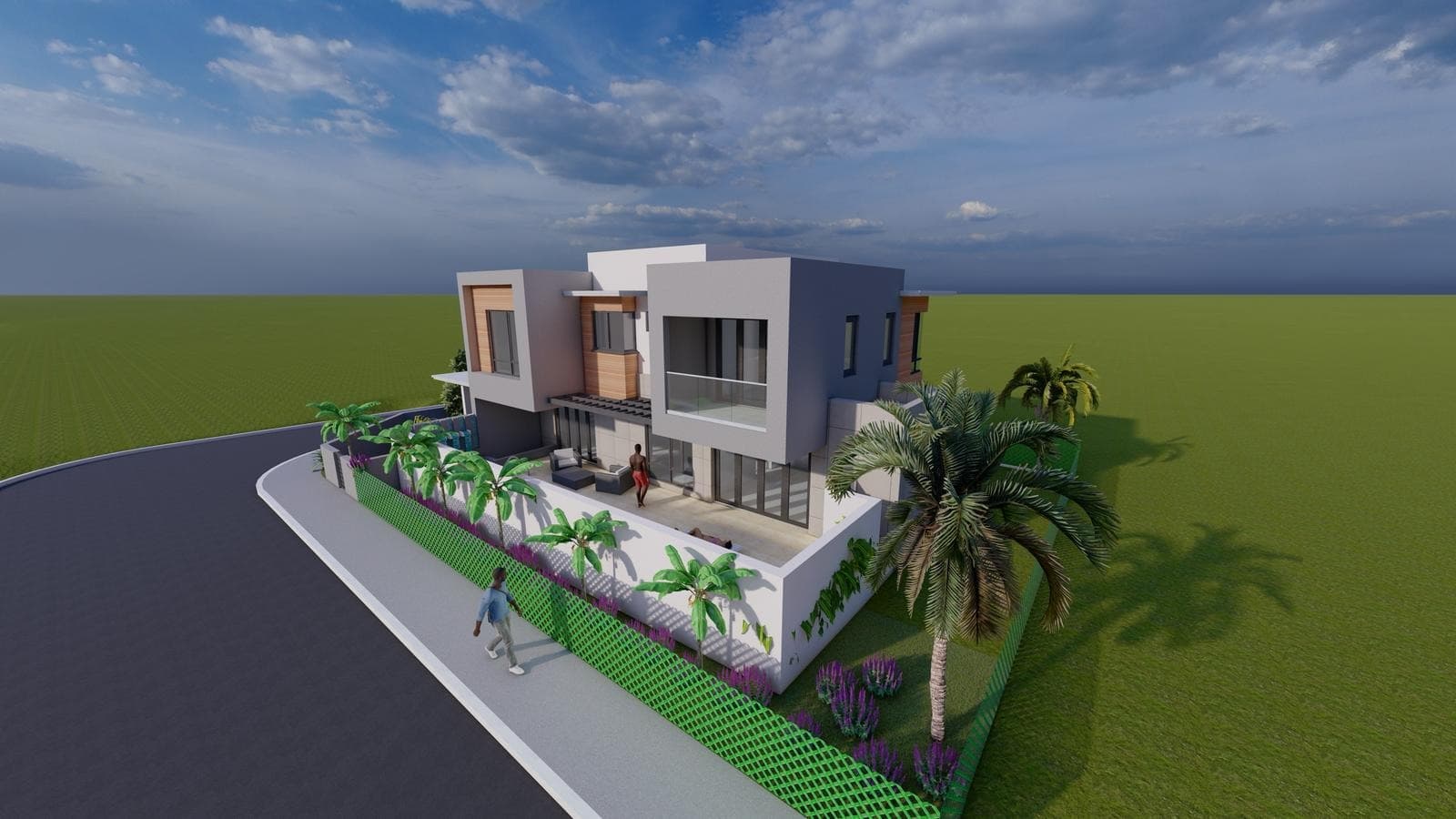 Architectural rendering of a proposed pool terrace and rear facade, design concept only