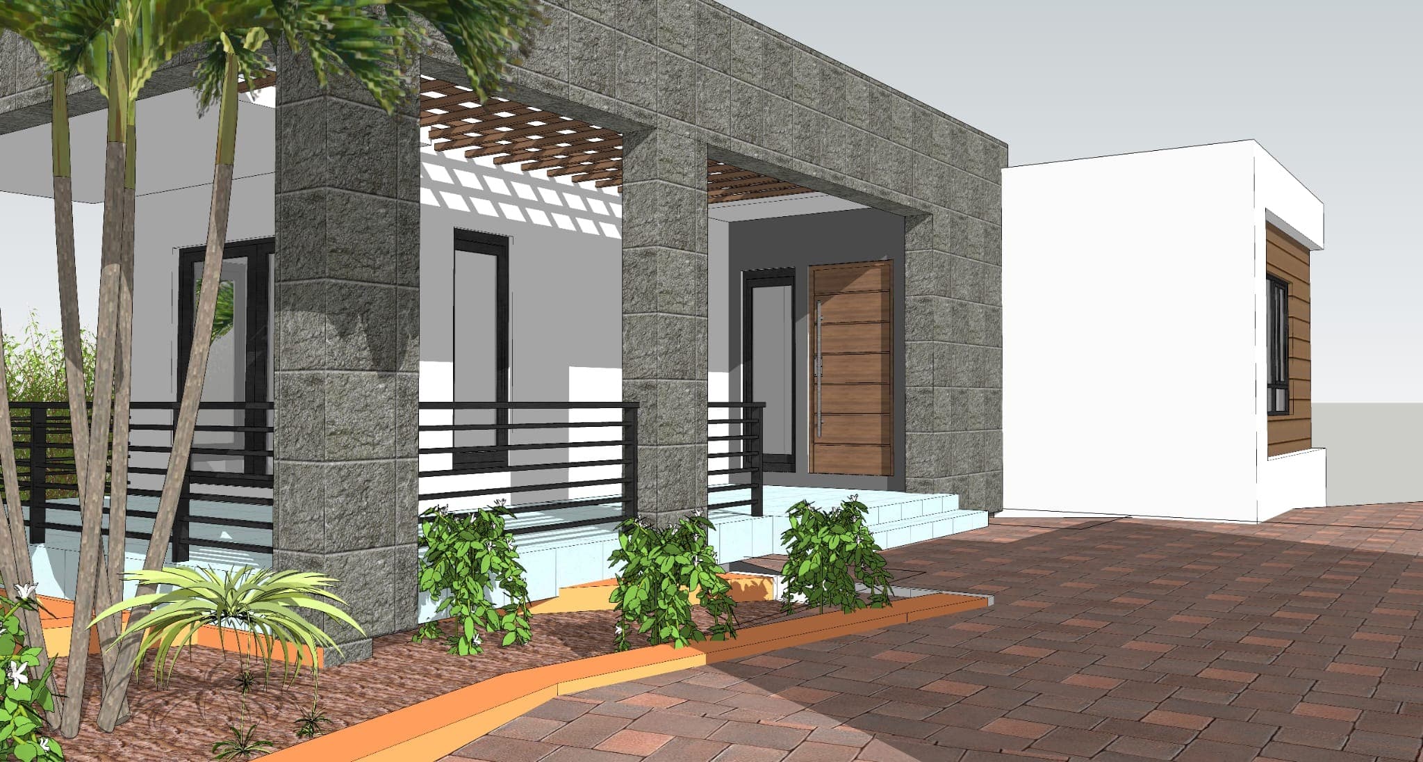 Architectural rendering of a modern residence entry with timber-clad porch, design concept only