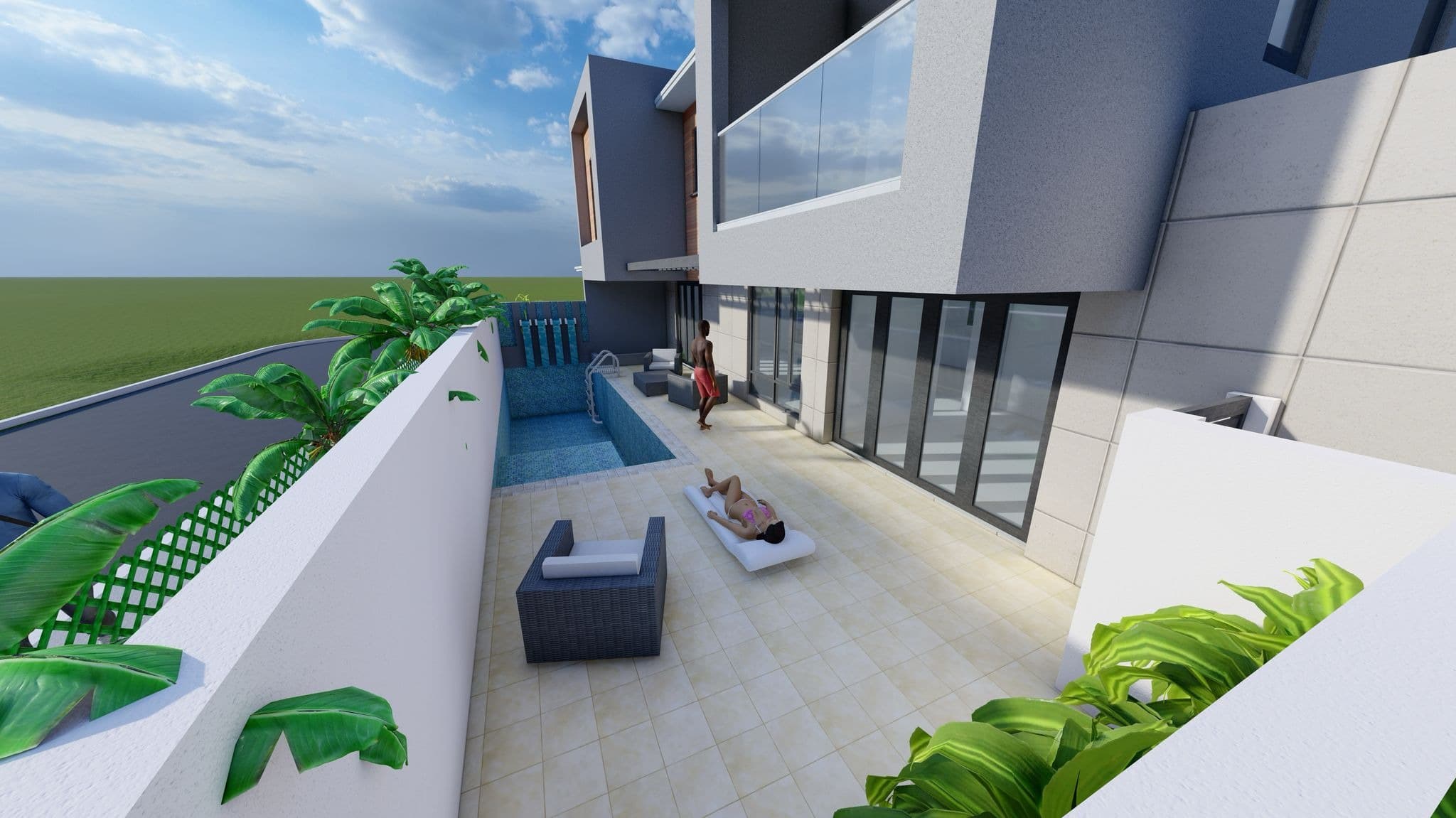 Architectural rendering of a proposed pool terrace, design concept only