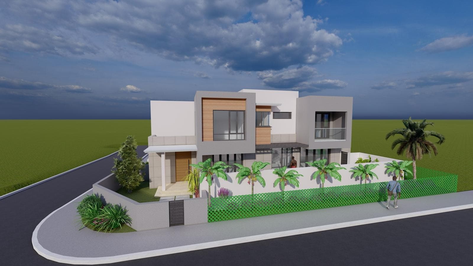 Architectural rendering of a proposed modern two-storey residence from the street, design concept only