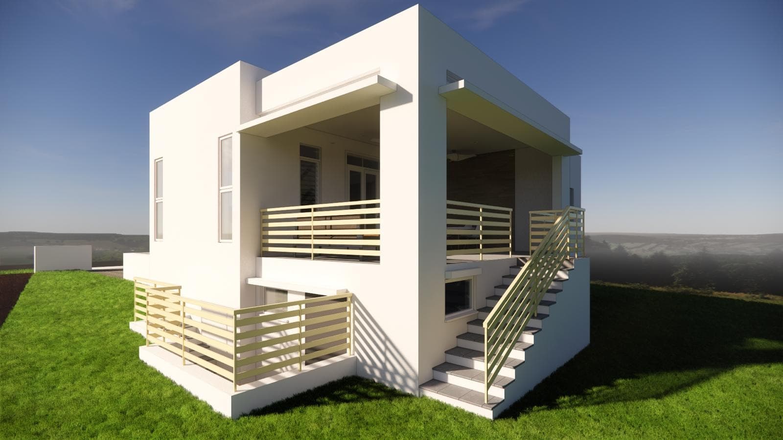 Architectural rendering of a proposed residence from an angled elevation, design concept only