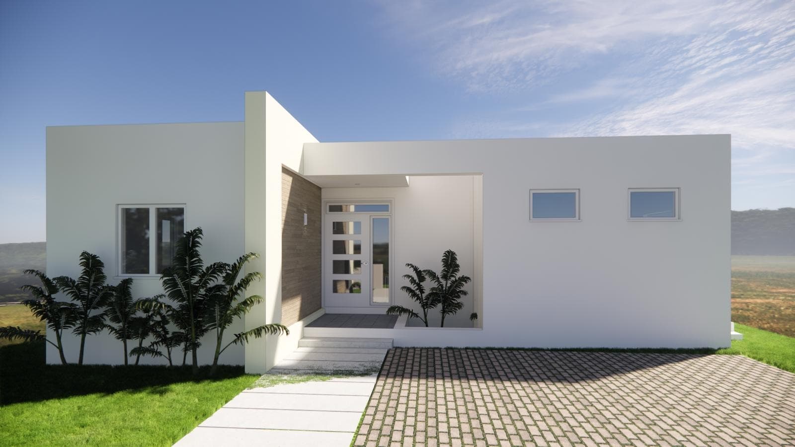 Architectural rendering of a proposed residence front entry, design concept only