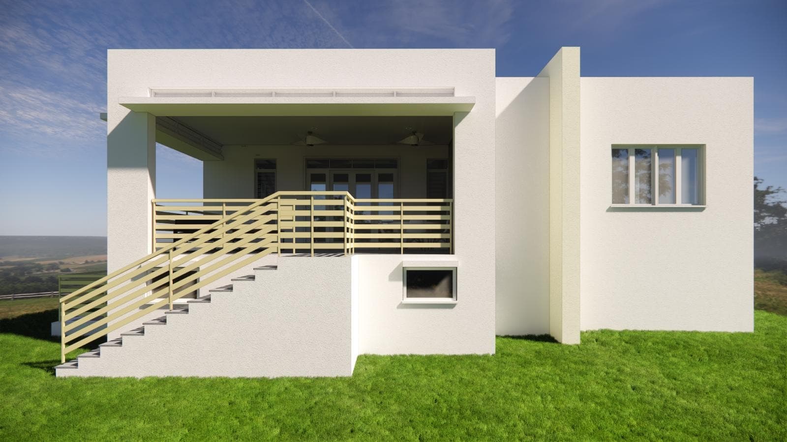 Architectural rendering of a proposed residence rear elevation with staircase, design concept only