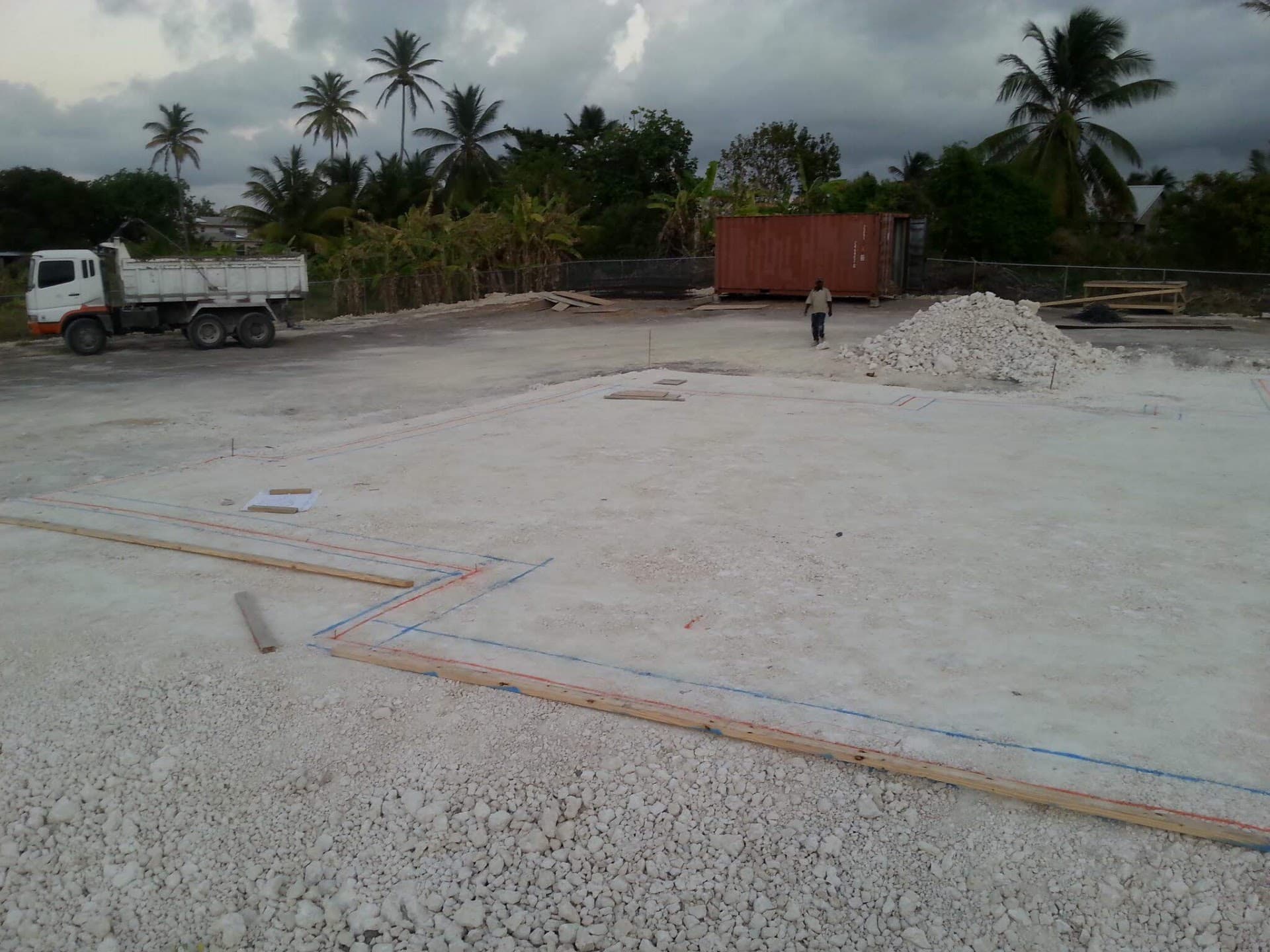 Foundation slab layout with string lines marked out on a Barbados construction site
