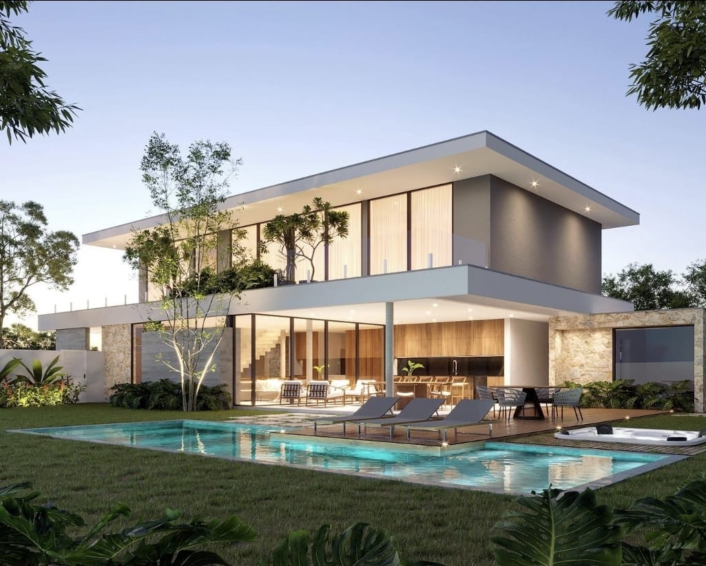 Architectural rendering of a proposed residence at dusk with pool and outdoor lounge, design concept only