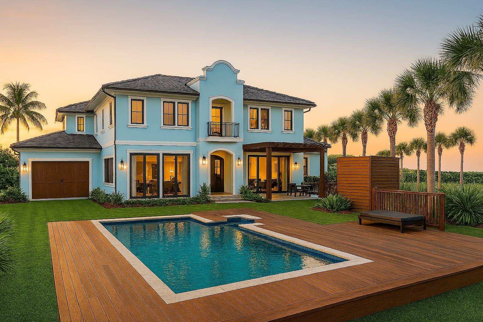Architectural rendering of a proposed Mediterranean-style residence with rear pool deck, photographed concept at dusk, design concept only
