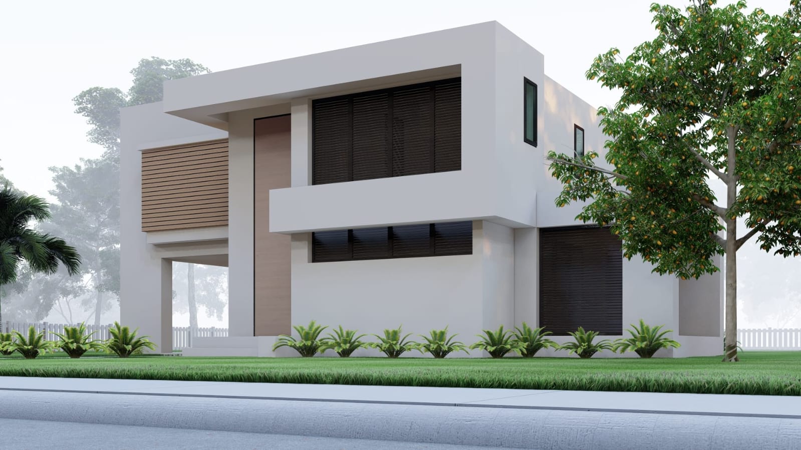 Architectural rendering of a proposed modern residence with timber slat cladding and pivot door, design concept only
