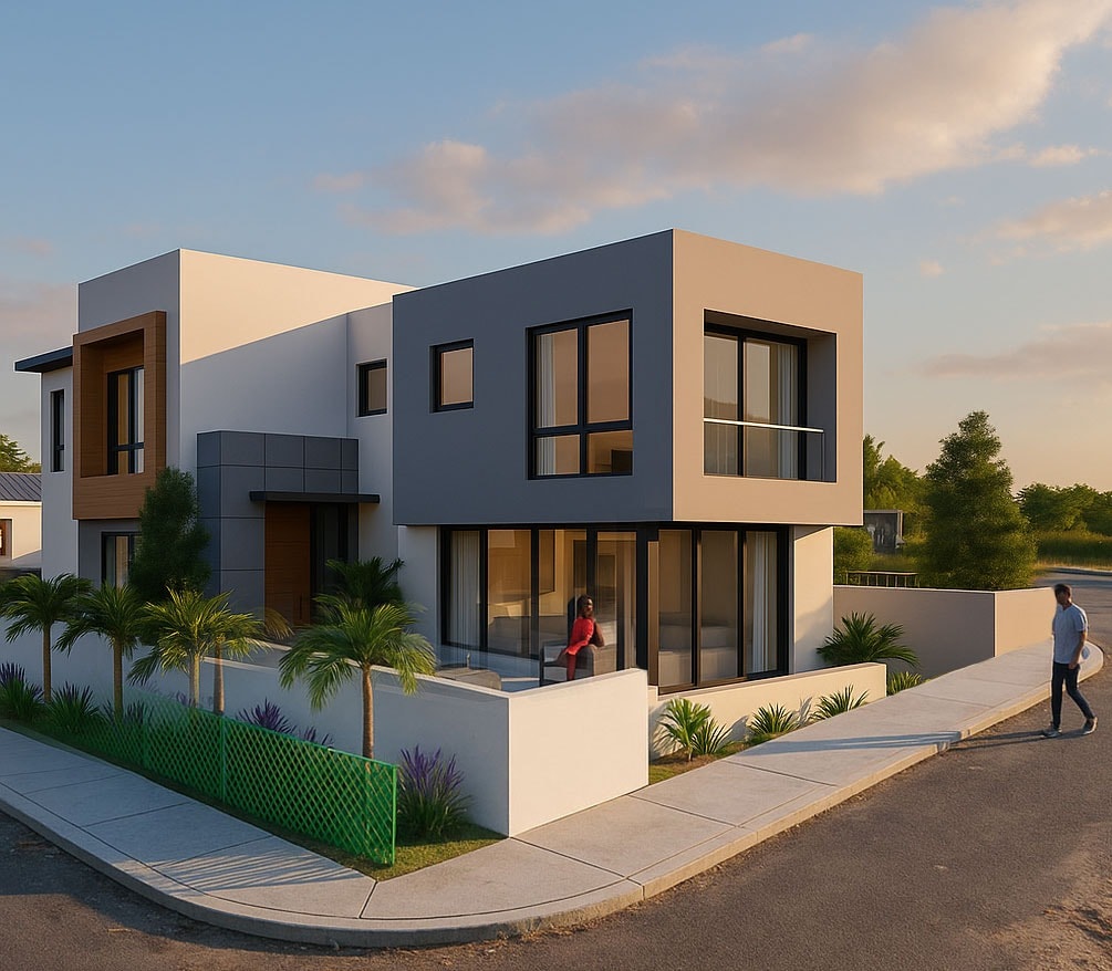 Architectural rendering of a proposed two-storey residence with charcoal and tan cladding, street elevation at dusk, design concept only