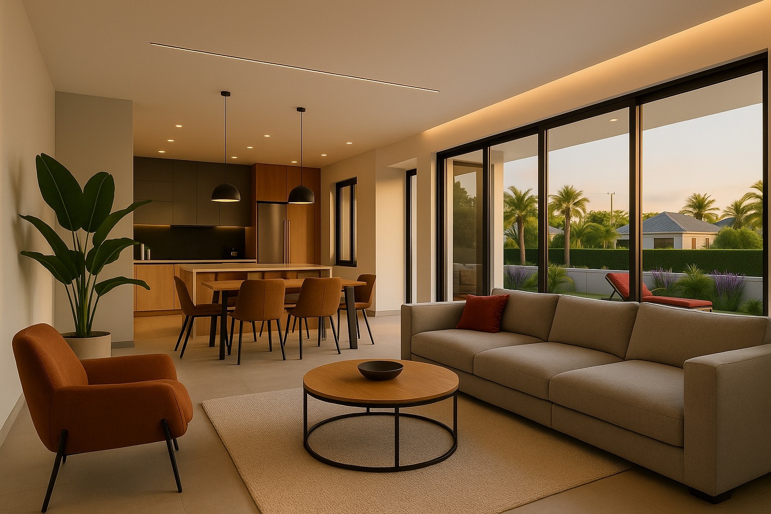 Architectural rendering of a proposed open-plan living and dining area, design concept only