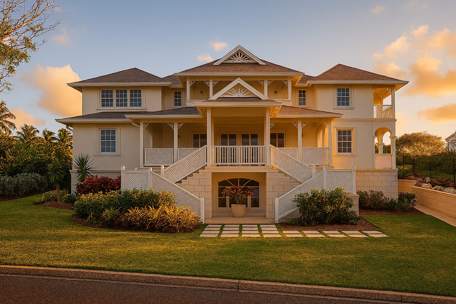 Completed colonial-style residence exterior with wraparound porch and twin staircase entry, photographed at sunset