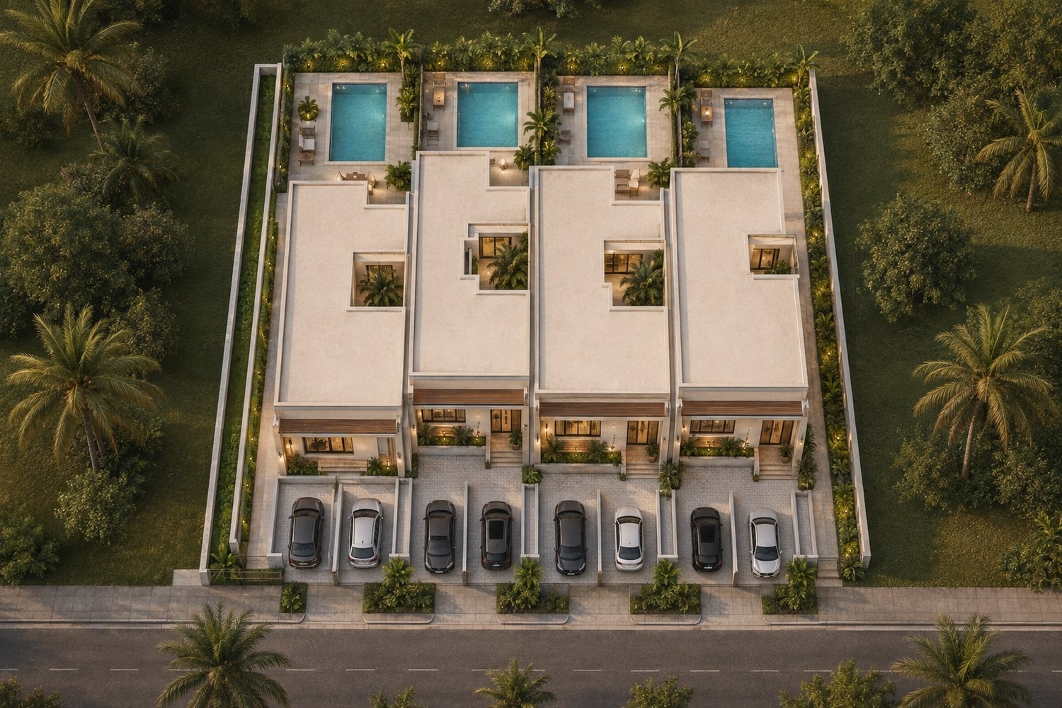 Architectural rendering, aerial view of four proposed townhouses in Georgetown, Guyana, each with its own private pool, design concept only