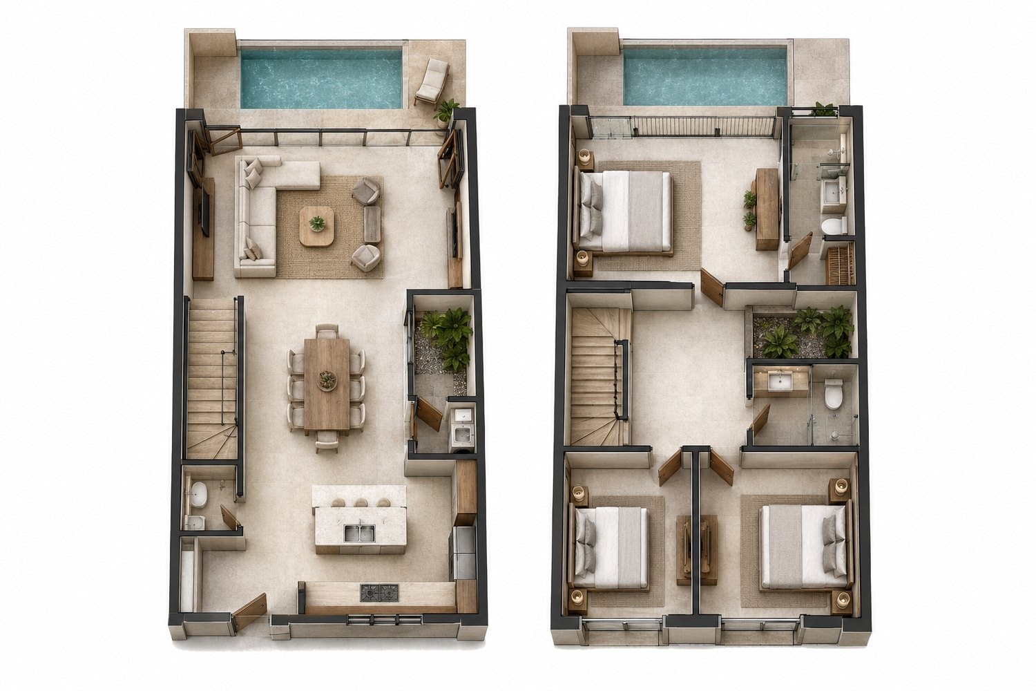 Furnished floor plan rendering of a proposed townhouse unit in Georgetown, Guyana, design concept only