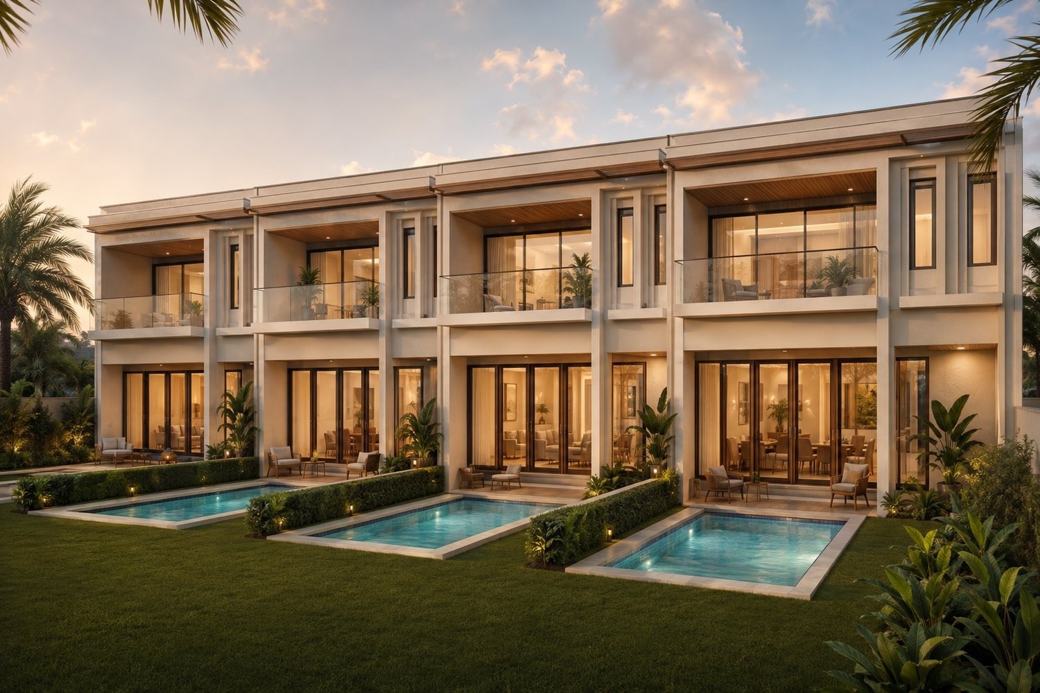 Architectural rendering, rear view of four proposed townhouses in Georgetown, Guyana at dusk, each with its own private pool, design concept only