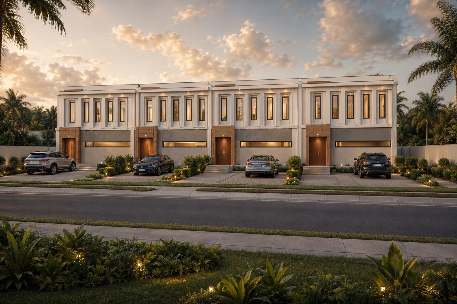 Architectural rendering of four proposed townhouses in Georgetown, Guyana, each with private parking, street elevation at dusk, design concept only
