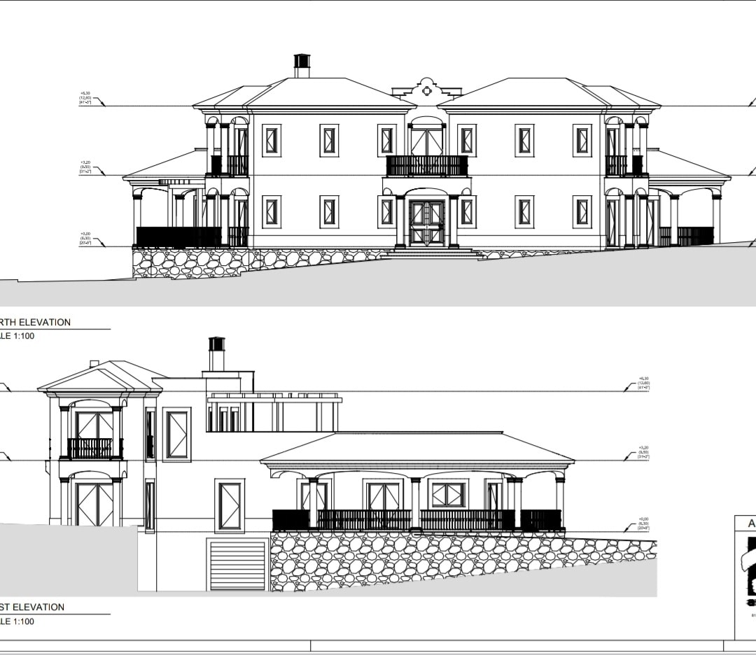 Architectural elevation drawing of the curved pavilion residence, design concept only