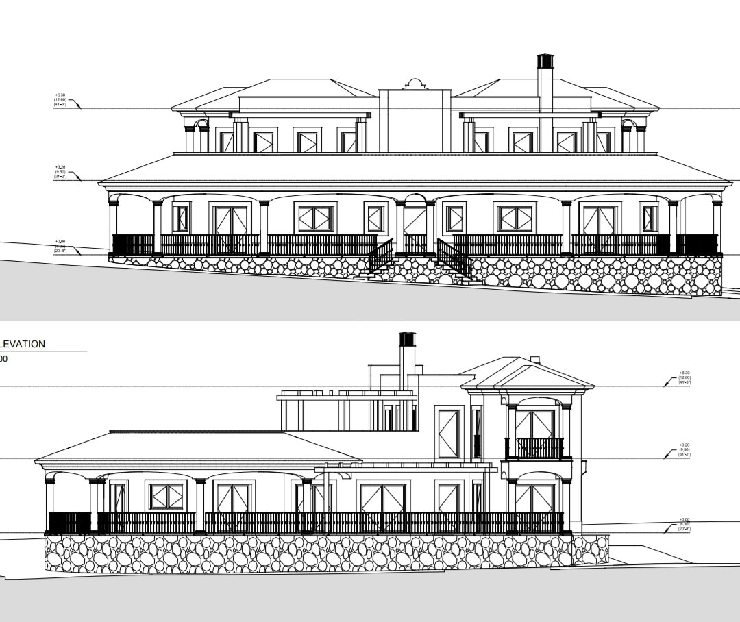 Architectural elevation drawing of the curved pavilion residence, alternate elevation, design concept only
