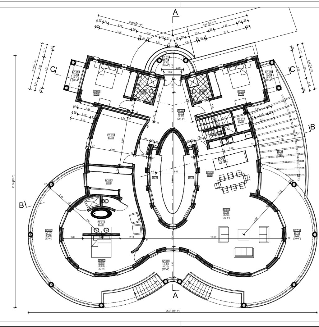 Architectural floor plan drawing of a curved, courtyard-plan residence, design concept only