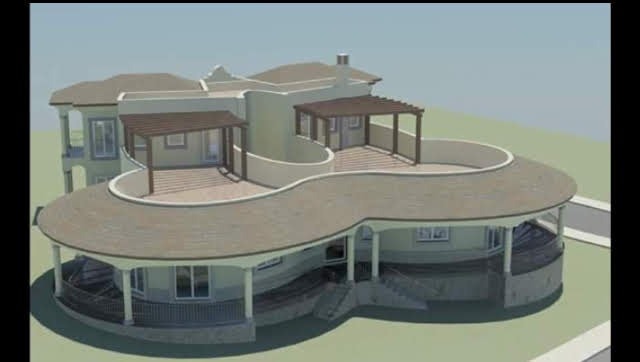 Aerial architectural rendering of the curved pavilion residence, design concept only