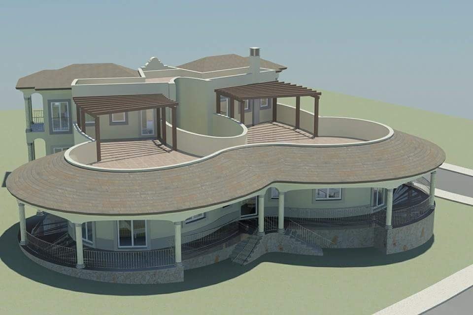 Architectural rendering of the curved pavilion residence exterior, alternate angle, design concept only