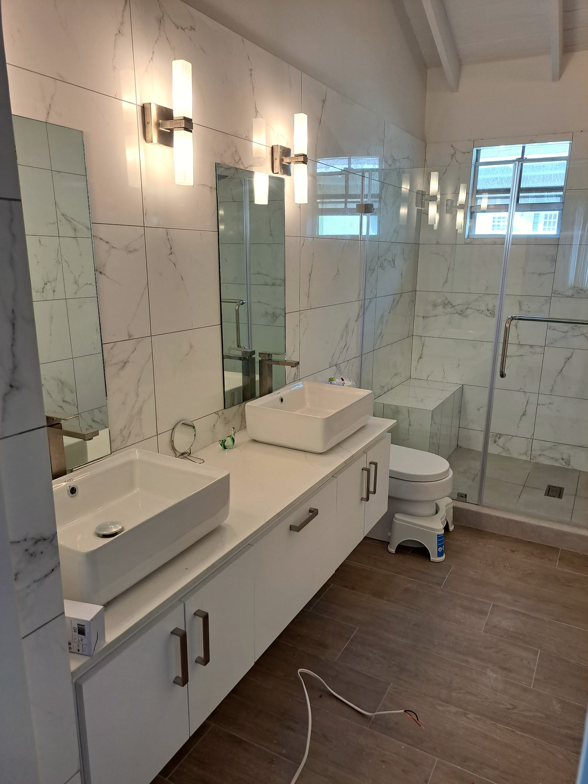 Renovated bathroom double vanity, alternate angle